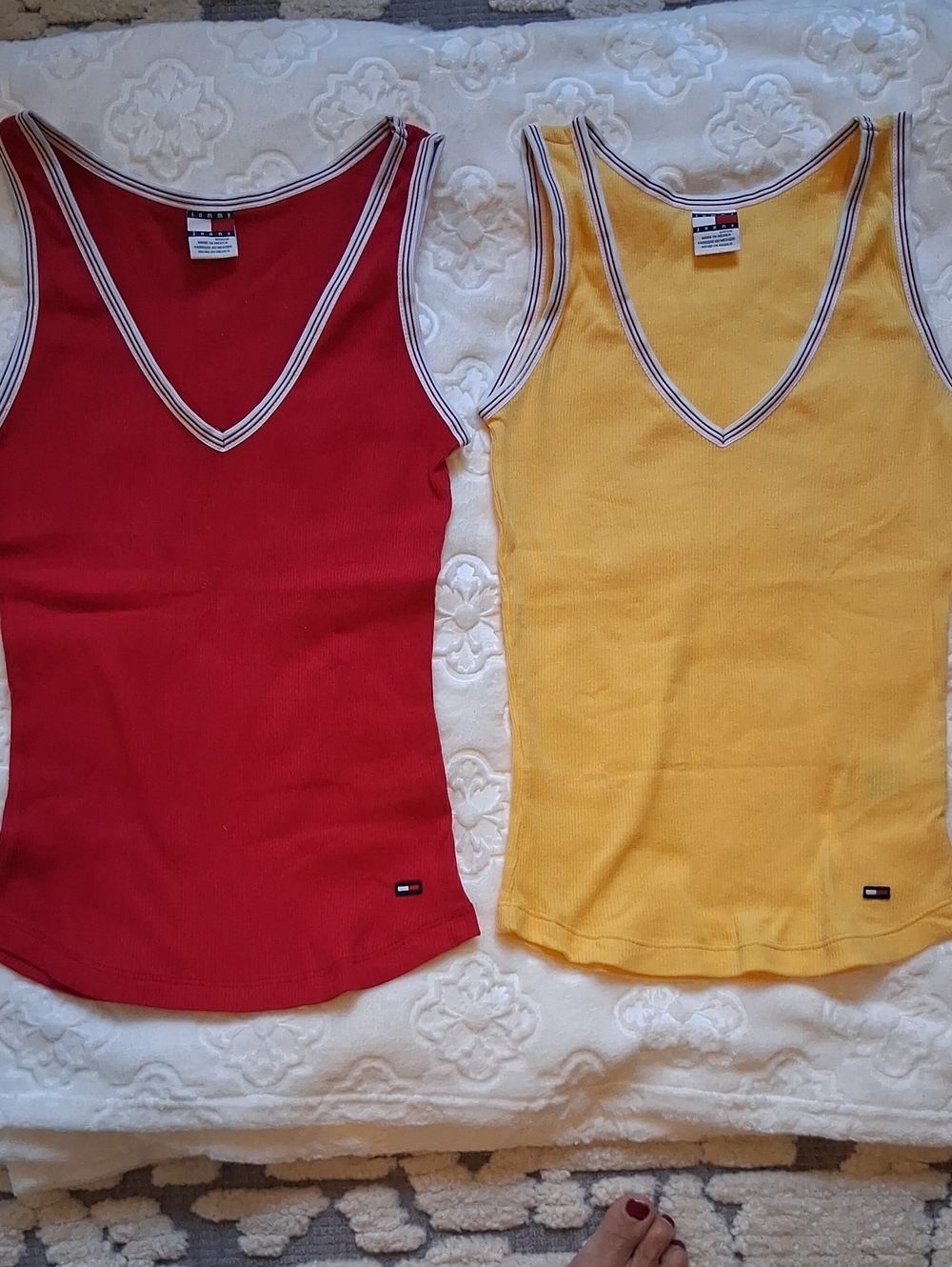 Tommy Hilfiger Ribbed V‑Neck Tank Tops in Red and Yellow